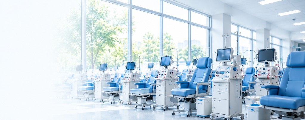 Modern dialysis clinic with treatment chairs and machines